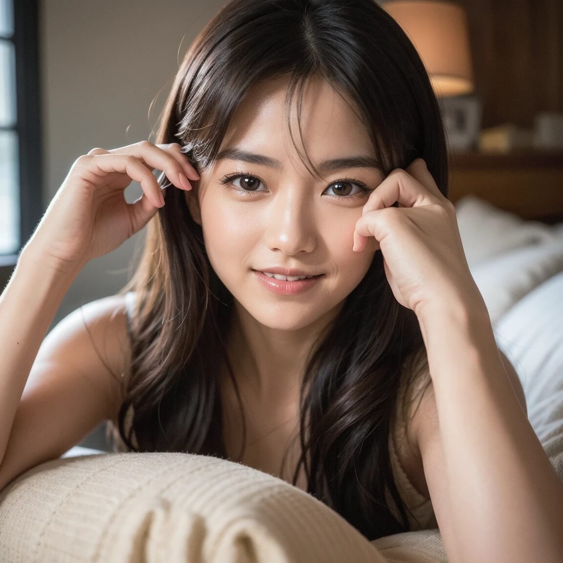 優しく微笑むロングヘアの女性がベッドの上でこちらを見つめている。明るく柔らかい光の中で、安心感と親しみを感じさせる表情。