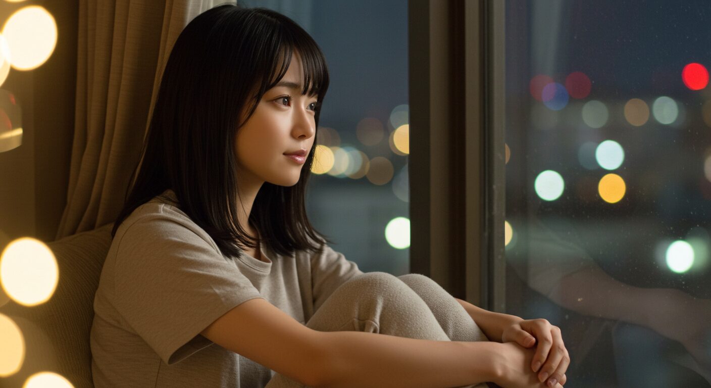 間接照明の灯る部屋で、一人静かに夜を過ごす女性。寂しさと癒しが同居する癒しのイメージ