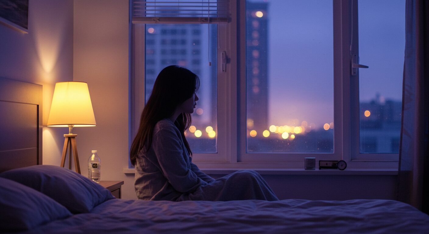 間接照明の灯る部屋で、一人静かに夜を過ごす女性。寂しさと癒しが同居する癒しのイメージ
