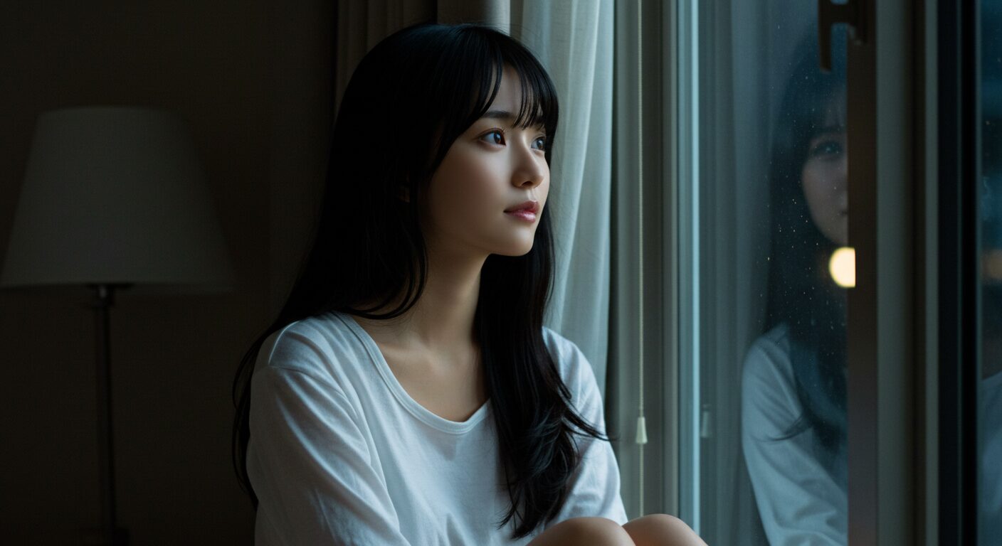 一人の夜、カーテン越しの窓辺で静かに過ごす女性。孤独と安心感が交差する癒しの情景。